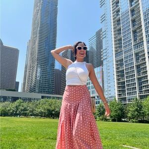 Nasty Gal Pink and White Polka Dot Maxi Skirt with Slits - size 4